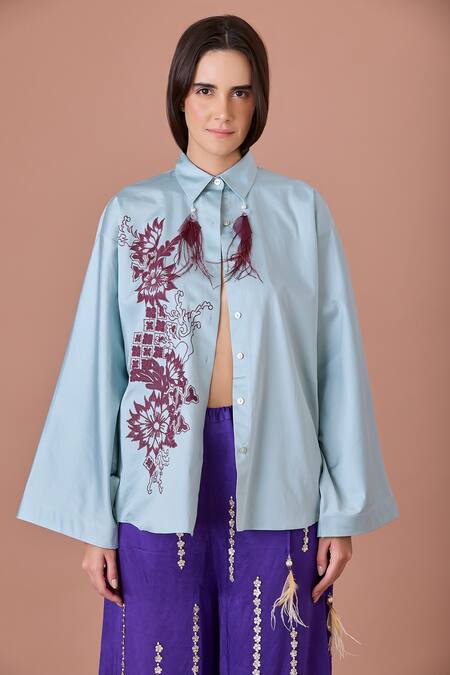 Dilnaz_Blue Blended Cotton Embroidered Thread Collared Batwing Sleeve Jade Shirt_Online_at_Aza_Fashions