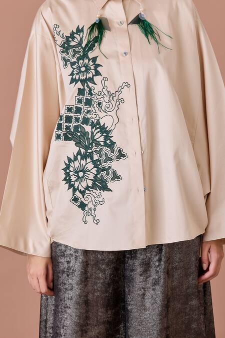 Dilnaz_Beige Blended Cotton Embroidered Thread Collared Batwing Sleeve Shirt_Online_at_Aza_Fashions