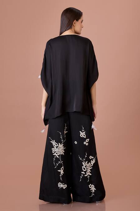 Shop_Dilnaz_Black Blended Linen Embroidered Parsi Gara Floral Trouser_at_Aza_Fashions