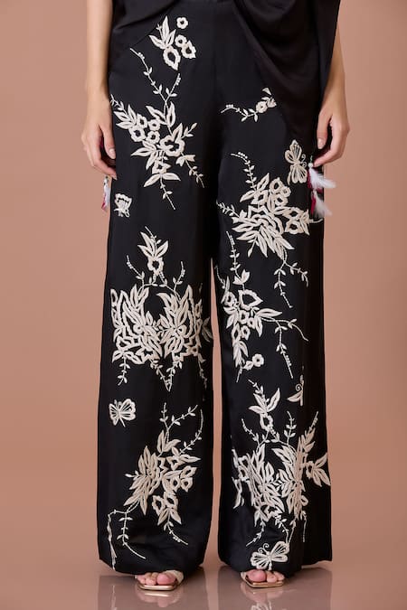 Dilnaz_Black Blended Linen Embroidered Parsi Gara Floral Trouser_Online_at_Aza_Fashions