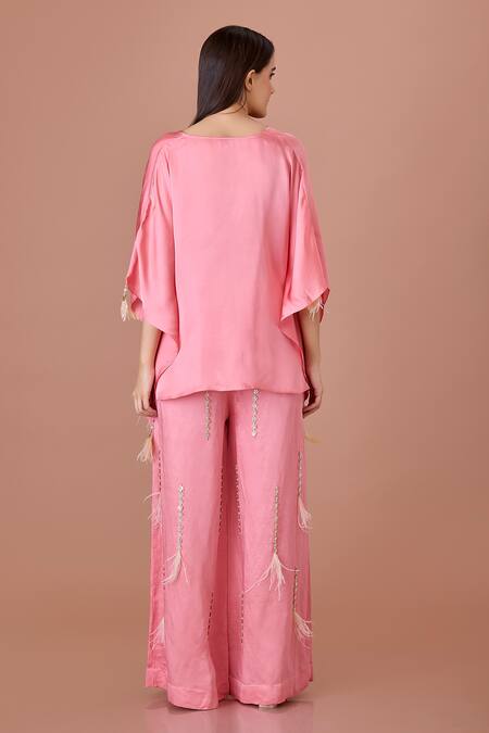Shop Dilnaz Pink Blended Linen Embroidered Sequin Rose And Feather Wisp Trouser at Aza Fashions Shop_Dilnaz_Pink Blended Linen Embroidered Sequin Rose And Feather Wisp Trouser_at_Aza_Fashions