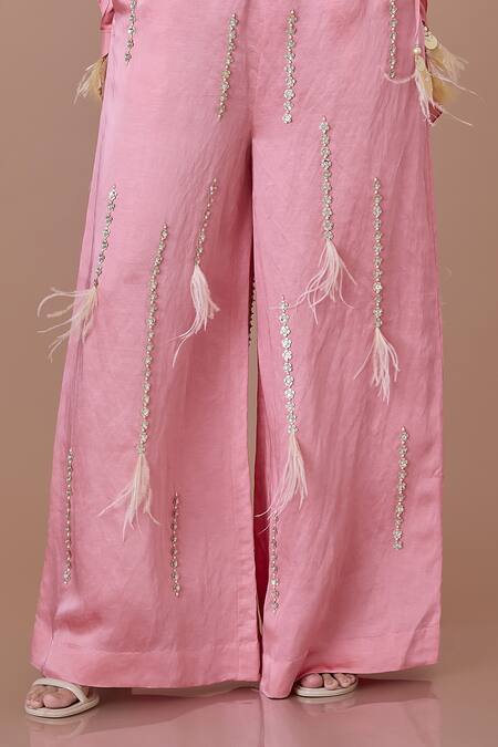 Dilnaz Pink Blended Linen Embroidered Sequin Rose And Feather Wisp Trouser Online at Aza Fashions Dilnaz_Pink Blended Linen Embroidered Sequin Rose And Feather Wisp Trouser_Online_at_Aza_Fashions