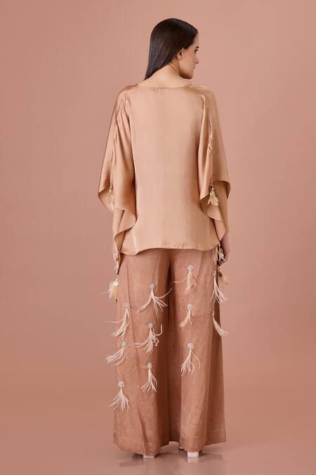 Shop Dilnaz Brown Blended Linen Embroidered Feather Wisp Trouser at Aza Fashions Shop_Dilnaz_Brown Blended Linen Embroidered Feather Wisp Trouser_at_Aza_Fashions