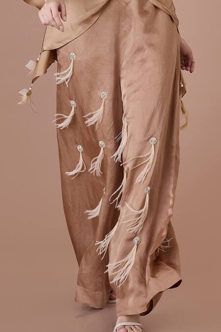 Dilnaz Brown Blended Linen Embroidered Feather Wisp Trouser Online at Aza Fashions Dilnaz_Brown Blended Linen Embroidered Feather Wisp Trouser_Online_at_Aza_Fashions