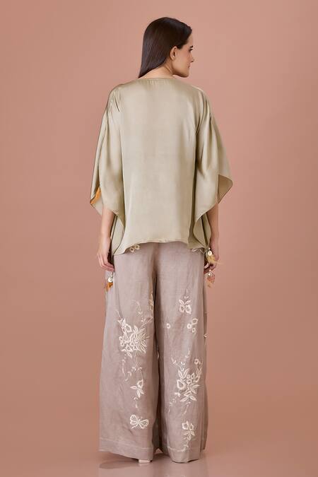 Shop_Dilnaz_Gray Blended Linen Embroidered Parsi Gara Floral Trouser_at_Aza_Fashions