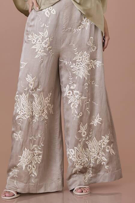 Dilnaz_Gray Blended Linen Embroidered Parsi Gara Floral Trouser_Online_at_Aza_Fashions