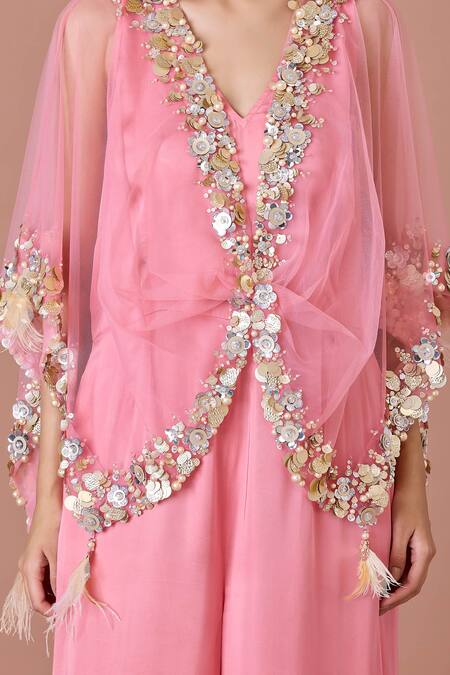 Dilnaz_Pink Blended Satin Embroidered Sequin V Neck Rose Jumpsuit And Kaftan Set_Online_at_Aza_Fashions