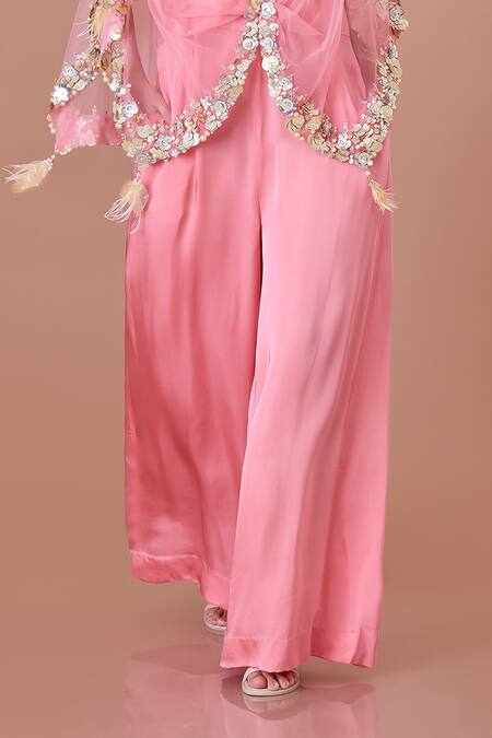 Buy_Dilnaz_Pink Blended Satin Embroidered Sequin V Neck Rose Jumpsuit And Kaftan Set_Online_at_Aza_Fashions