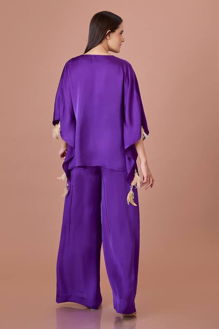 Shop Dilnaz Purple Blended Satin V Neck Solid Jumpsuit And Draped Kaftan at Aza Fashions Shop_Dilnaz_Purple Blended Satin V Neck Solid Jumpsuit And Draped Kaftan_at_Aza_Fashions