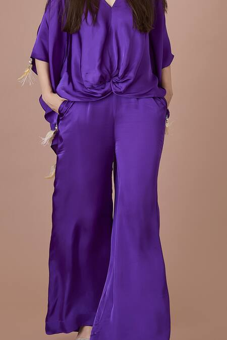 Dilnaz Purple Blended Satin V Neck Solid Jumpsuit And Draped Kaftan Online at Aza Fashions Dilnaz_Purple Blended Satin V Neck Solid Jumpsuit And Draped Kaftan_Online_at_Aza_Fashions