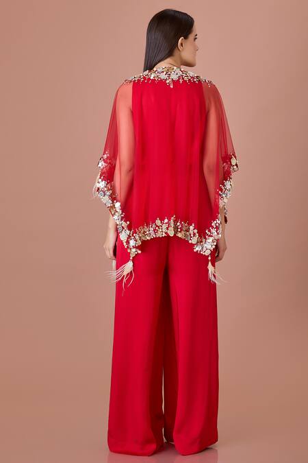 Shop Dilnaz Red Blended Satin Embroidered Sequin V Neck Kaftan Jumpsuit at Aza Fashions Shop_Dilnaz_Red Blended Satin Embroidered Sequin V Neck Kaftan Jumpsuit_at_Aza_Fashions