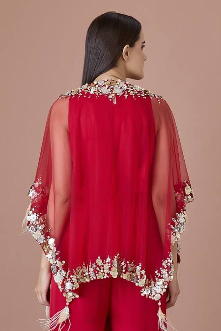 Dilnaz Red Blended Satin Embroidered Sequin V Neck Kaftan Jumpsuit Online at Aza Fashions Dilnaz_Red Blended Satin Embroidered Sequin V Neck Kaftan Jumpsuit_Online_at_Aza_Fashions
