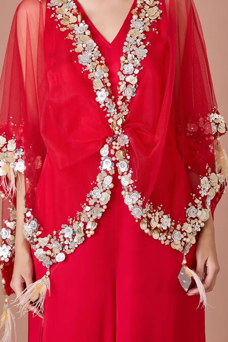 Buy Dilnaz Red Blended Satin Embroidered Sequin V Neck Kaftan Jumpsuit Online at Aza Fashions Buy_Dilnaz_Red Blended Satin Embroidered Sequin V Neck Kaftan Jumpsuit_Online_at_Aza_Fashions