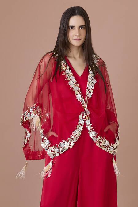 Shop Dilnaz Red Blended Satin Embroidered Sequin V Neck Kaftan Jumpsuit Online at Aza Fashions Shop_Dilnaz_Red Blended Satin Embroidered Sequin V Neck Kaftan Jumpsuit_Online_at_Aza_Fashions
