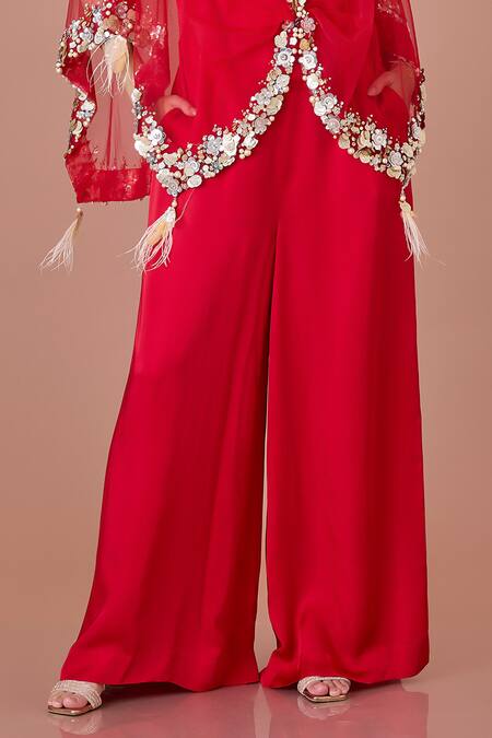 Dilnaz Red Blended Satin Embroidered Sequin V Neck Kaftan Jumpsuit at Aza Fashions Dilnaz_Red Blended Satin Embroidered Sequin V Neck Kaftan Jumpsuit_at_Aza_Fashions