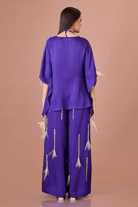 Shop Dilnaz Purple Blended Linen Embellished Feather Tassel Flared Trouser at Aza Fashions Shop_Dilnaz_Purple Blended Linen Embellished Feather Tassel Flared Trouser_at_Aza_Fashions