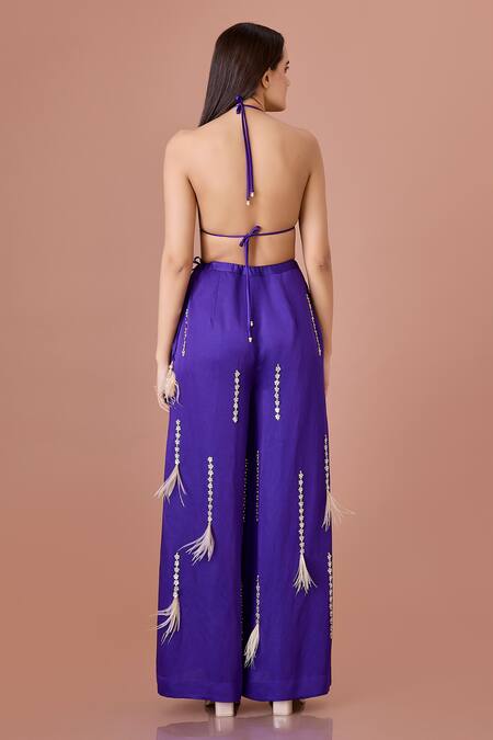 Dilnaz Purple Blended Linen Embellished Feather Tassel Flared Trouser Online at Aza Fashions Dilnaz_Purple Blended Linen Embellished Feather Tassel Flared Trouser_Online_at_Aza_Fashions