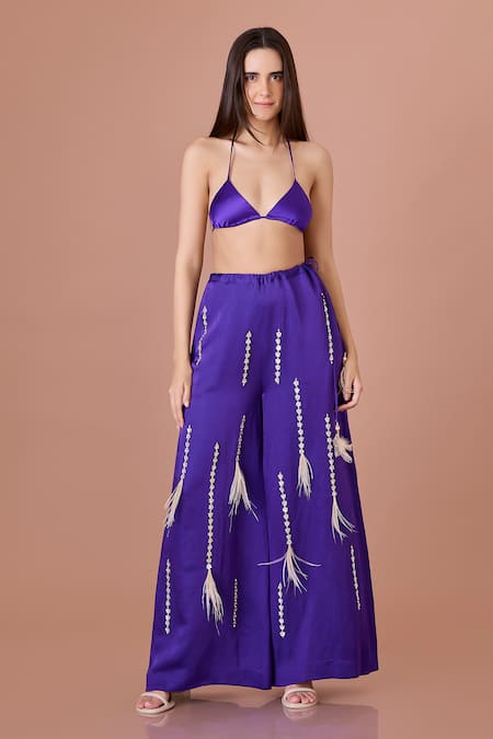 Buy Dilnaz Purple Blended Linen Embellished Feather Tassel Flared Trouser Online at Aza Fashions Buy_Dilnaz_Purple Blended Linen Embellished Feather Tassel Flared Trouser_Online_at_Aza_Fashions