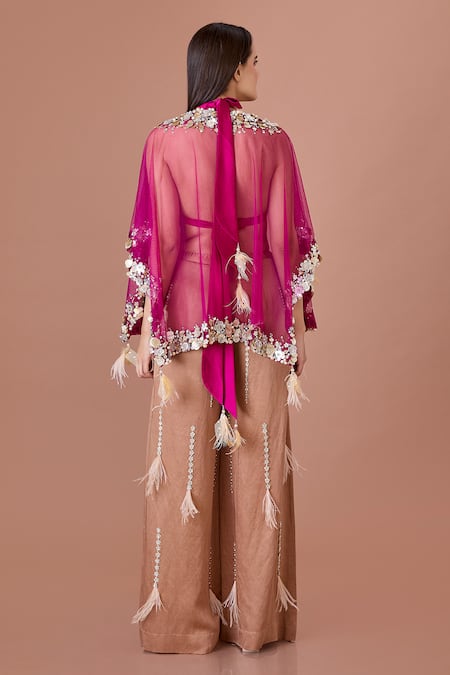 Shop_Dilnaz_Brown Blended Linen Embellished Feather Sequined Floral Star Flared Trouser _at_Aza_Fashions