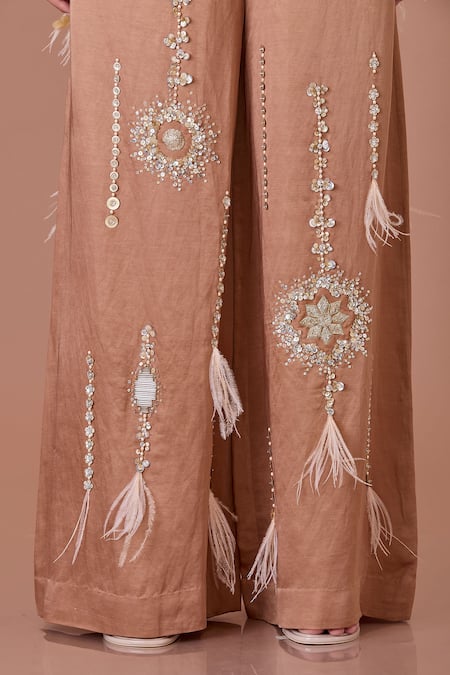 Dilnaz_Brown Blended Linen Embellished Feather Sequined Floral Star Flared Trouser _Online_at_Aza_Fashions