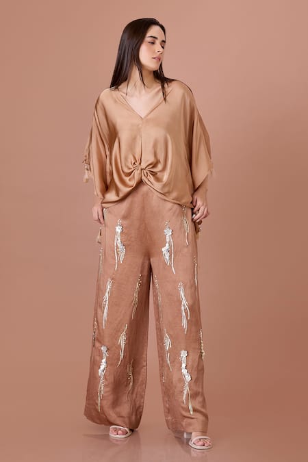 DILNAZ Floral Vine Sequin Embellished Flared Trouser 