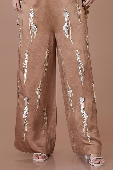 Dilnaz Brown Blended Linen Embellished Feather Sequin Flared Trouser Online at Aza Fashions Dilnaz_Brown Blended Linen Embellished Feather Sequin Flared Trouser_Online_at_Aza_Fashions