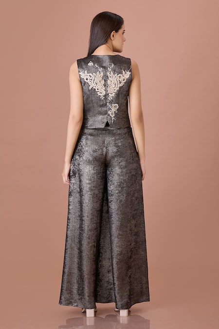 Shop_Dilnaz_Black Blended Satin Foil Textured Metallic Shimmer Flared Trouser _at_Aza_Fashions