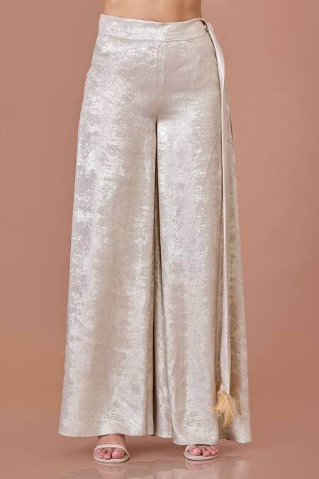 Shop_Dilnaz_Gold Blended Satin Foil Textured Metallic Shimmer Flared Trouser _at_Aza_Fashions
