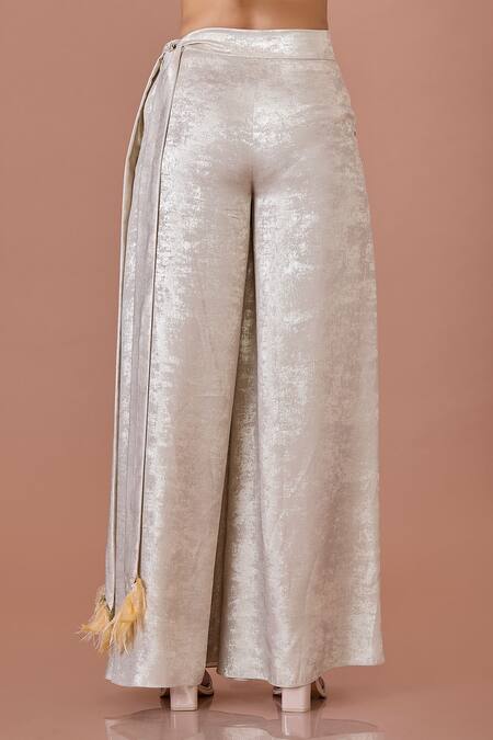 Dilnaz_Gold Blended Satin Foil Textured Metallic Shimmer Flared Trouser _Online_at_Aza_Fashions