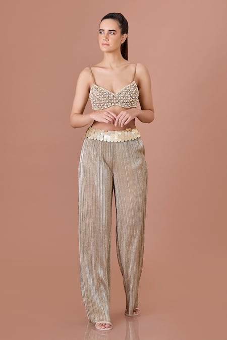 DILNAZ Crinkle Textured Sequined Flared Trouser 