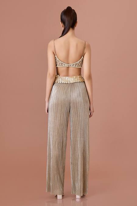 Shop_Dilnaz_Gold Crinkle And Blended Satin Textured Metallic Sequined Flared Trouser_at_Aza_Fashions