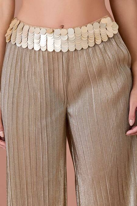 Dilnaz_Gold Crinkle And Blended Satin Textured Metallic Sequined Flared Trouser_Online_at_Aza_Fashions