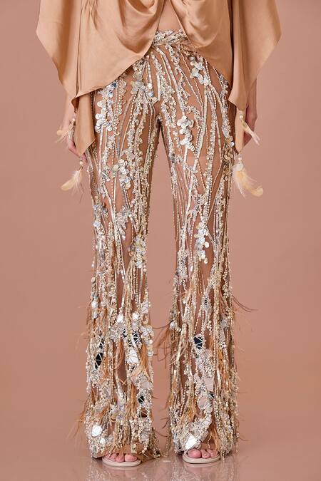 Dilnaz_Brown Net Mirrors, Pearls, Sequins, Feathers, Wave Embellished Flared Trouser_Online_at_Aza_Fashions