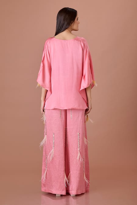Shop_Dilnaz_Pink Blended Linen Embellished Feather Sequined Floral Star Flared Trouser _at_Aza_Fashions