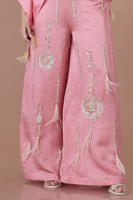 Dilnaz_Pink Blended Linen Embellished Feather Sequined Floral Star Flared Trouser _Online_at_Aza_Fashions