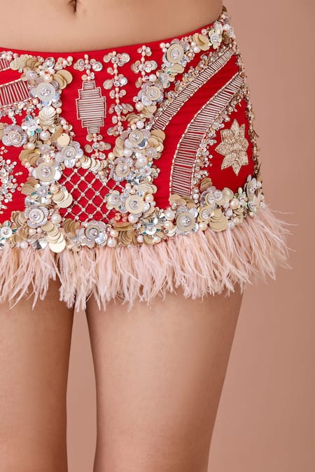 Shop_Dilnaz_Red Power Net Embellished Feather Sequin Wave Mini Skirt _Online_at_Aza_Fashions