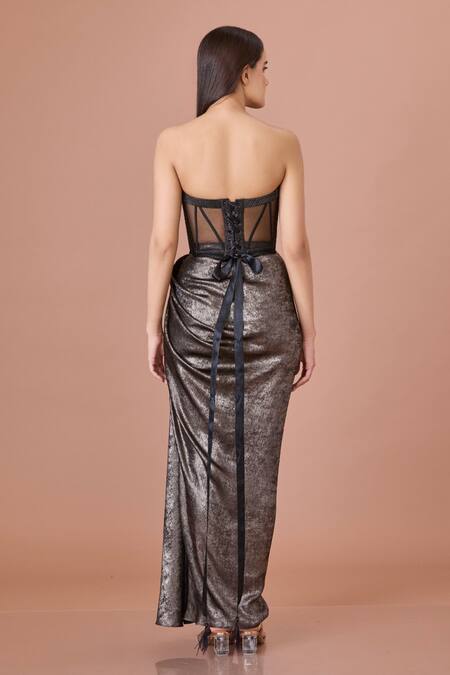 Shop_Dilnaz_Black Blended Satin Foil Textured Metallic Shimmer Draped Skirt _at_Aza_Fashions