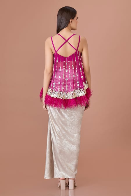 Shop_Dilnaz_Gold Blended Satin Foil Textured Metallic Shimmer Draped Long Skirt _at_Aza_Fashions