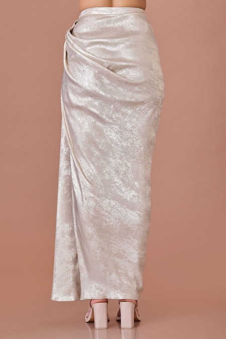 Dilnaz_Gold Blended Satin Foil Textured Metallic Shimmer Draped Long Skirt _Online_at_Aza_Fashions