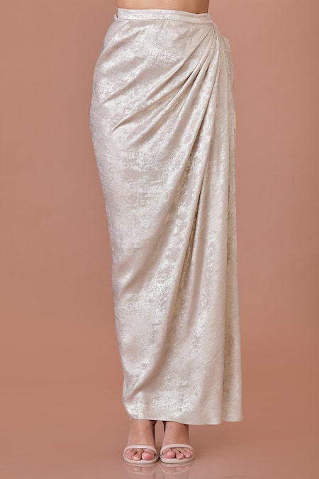 Shop_Dilnaz_Gold Blended Satin Foil Textured Metallic Shimmer Draped Long Skirt _Online_at_Aza_Fashions