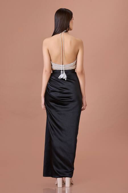 Shop Dilnaz Black Blended Satin Solid Draped Skirt at Aza Fashions Shop_Dilnaz_Black Blended Satin Solid Draped Skirt_at_Aza_Fashions