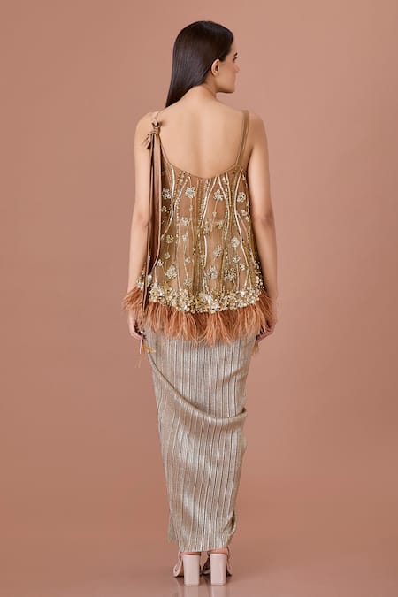 Shop_Dilnaz_Gold Crinkle Textured Draped Skirt _at_Aza_Fashions