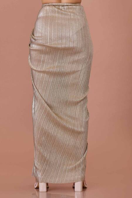 Dilnaz_Gold Crinkle Textured Draped Skirt _Online_at_Aza_Fashions