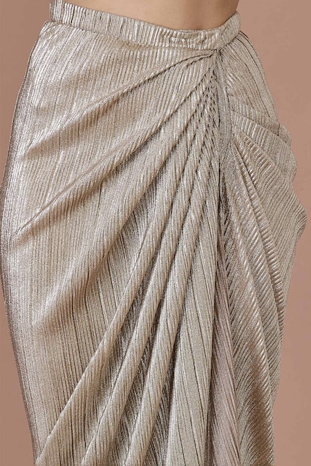 Buy_Dilnaz_Gold Crinkle Textured Draped Skirt _Online_at_Aza_Fashions