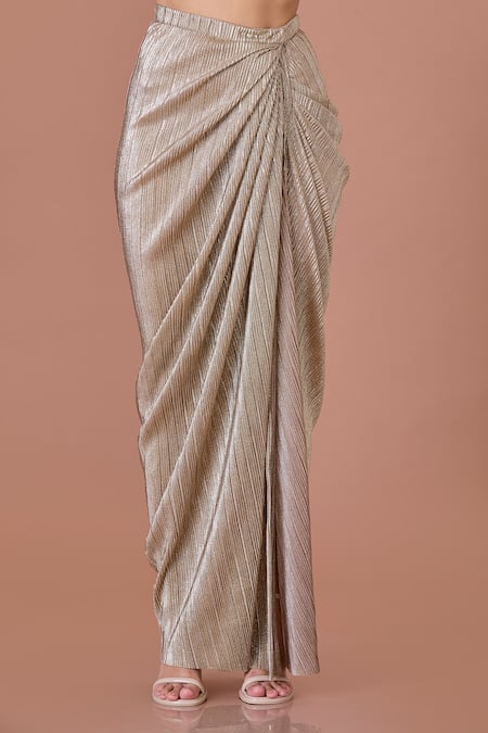 Shop_Dilnaz_Gold Crinkle Textured Draped Skirt _Online_at_Aza_Fashions