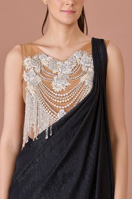 Dilnaz_Beige Net Embellished Jewel Scoop Designer Blouse _Online_at_Aza_Fashions