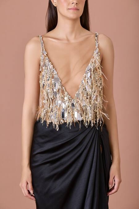 Dilnaz_Beige Net Embellished Sequin Illusion Feather Top _Online_at_Aza_Fashions
