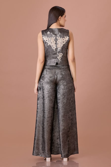 Shop_Dilnaz_Black Foil Embroidered Gara V-neck Waistcoat _at_Aza_Fashions