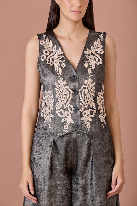Dilnaz_Black Foil Embroidered Gara V-neck Waistcoat _Online_at_Aza_Fashions