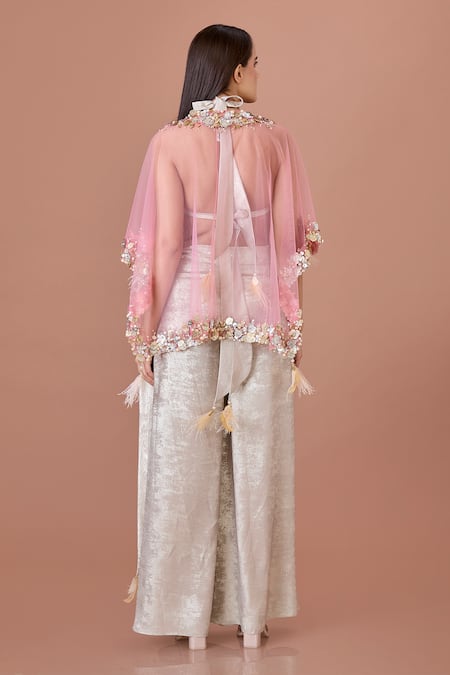 Shop_Dilnaz_Pink Net Embellished Sequin V-neck Rose Kaftan _at_Aza_Fashions